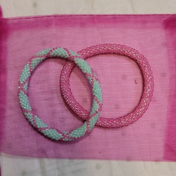 Set of 2 Sashka Bracelets Hot Pink & Blue/Pink Glass Beaded Bracelets - Picture 9 of 12